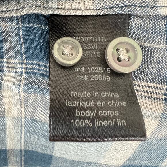 JOHN VARVATOS Blue Gray Plaid Linen Button-Down Collared Pocket Shirt Top Size L - Picture 7 of 8